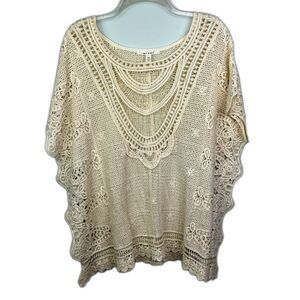 Miami by Francesca's Crochet Top Short Sleeve Shirt Cream Woven Lace Cotton M